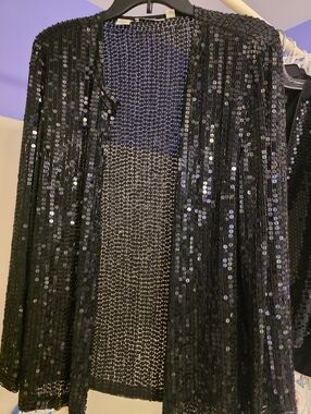 Silk Black Sequin Hand Beaded Open Front Jacket. Genuine.